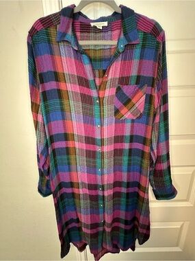 Purple Teal Blue Plaid Button-Up Shirt Dress